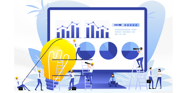 graphic with charts and little men analyzing data