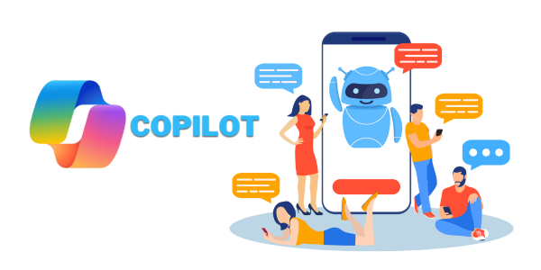 microsoft copilot logo with illustration of people using chatbots on mobile phones