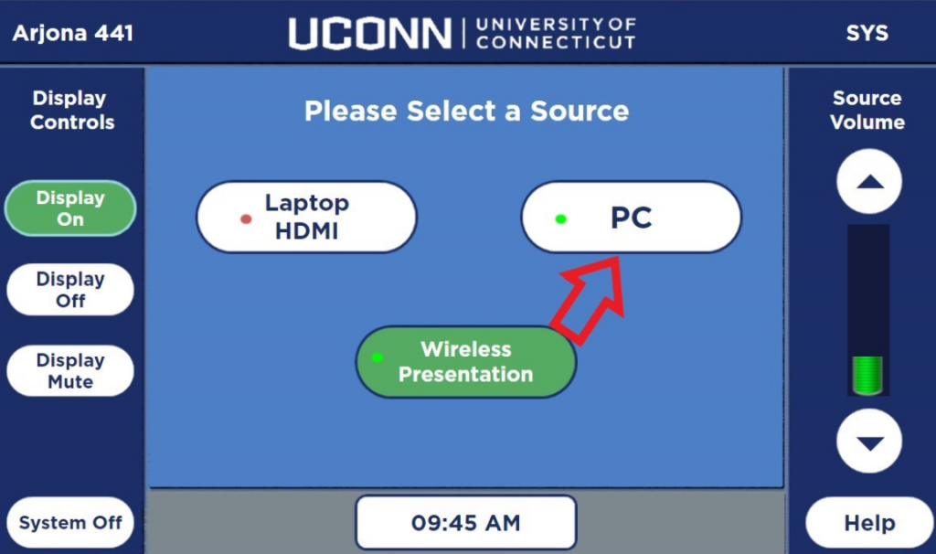 Conference room touch screen with PC highlighted
