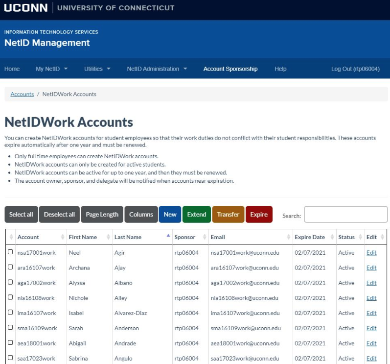 screen shot of netid work accounts page
