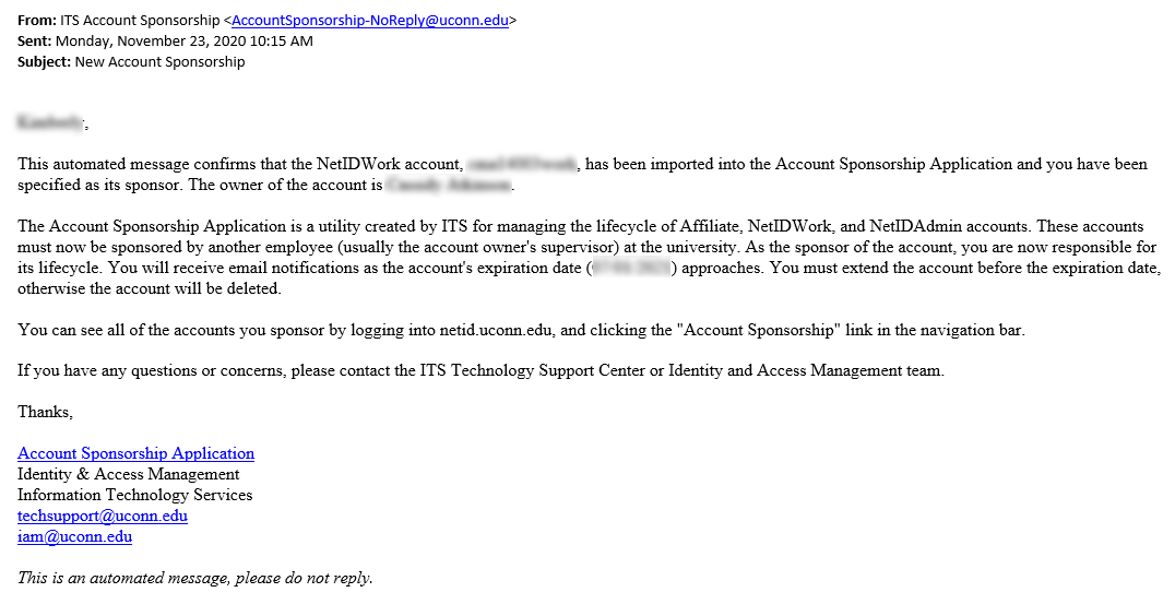 example of an automated message from ITS confirming activation of a netid work account