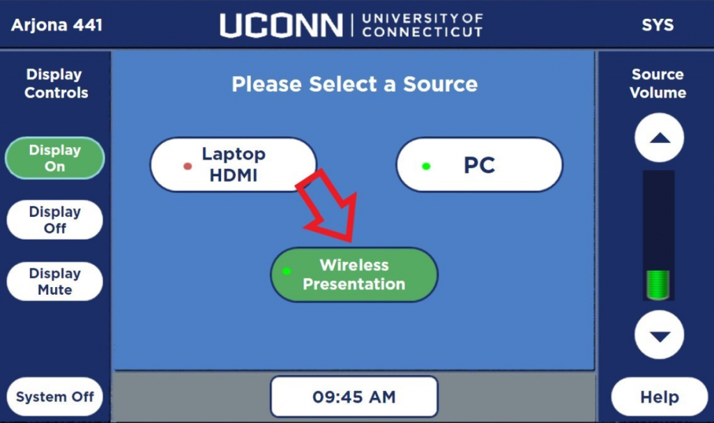 screen shot of conference room monitor with wireless presentation highlighted